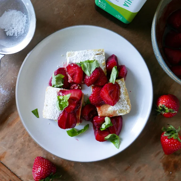VEGAN OLIVE OIL SHORTBREAD WITH RED WINE POACHED STRAWBERRIES AND BASIL