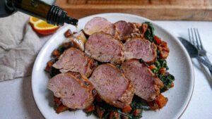Pork Tenderloin with Roasted Kale & Sweet Potatoes Hash